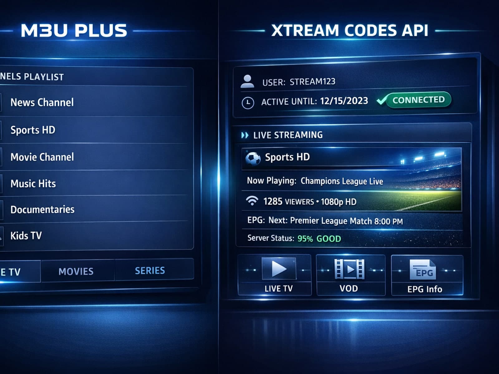 Comparison of M3U Plus and Xtream Codes API for IPTV playlist management in a dark blue themed IPTV editorial