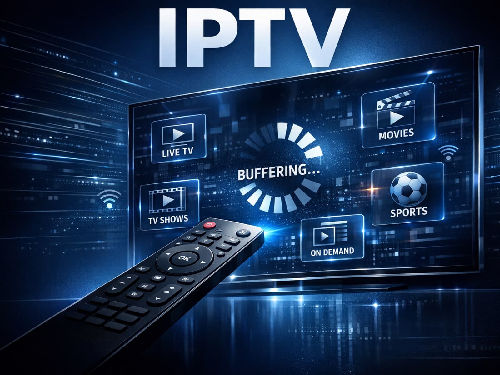 Illustration of IPTV streaming with a loading icon and remote control on dark blue background
