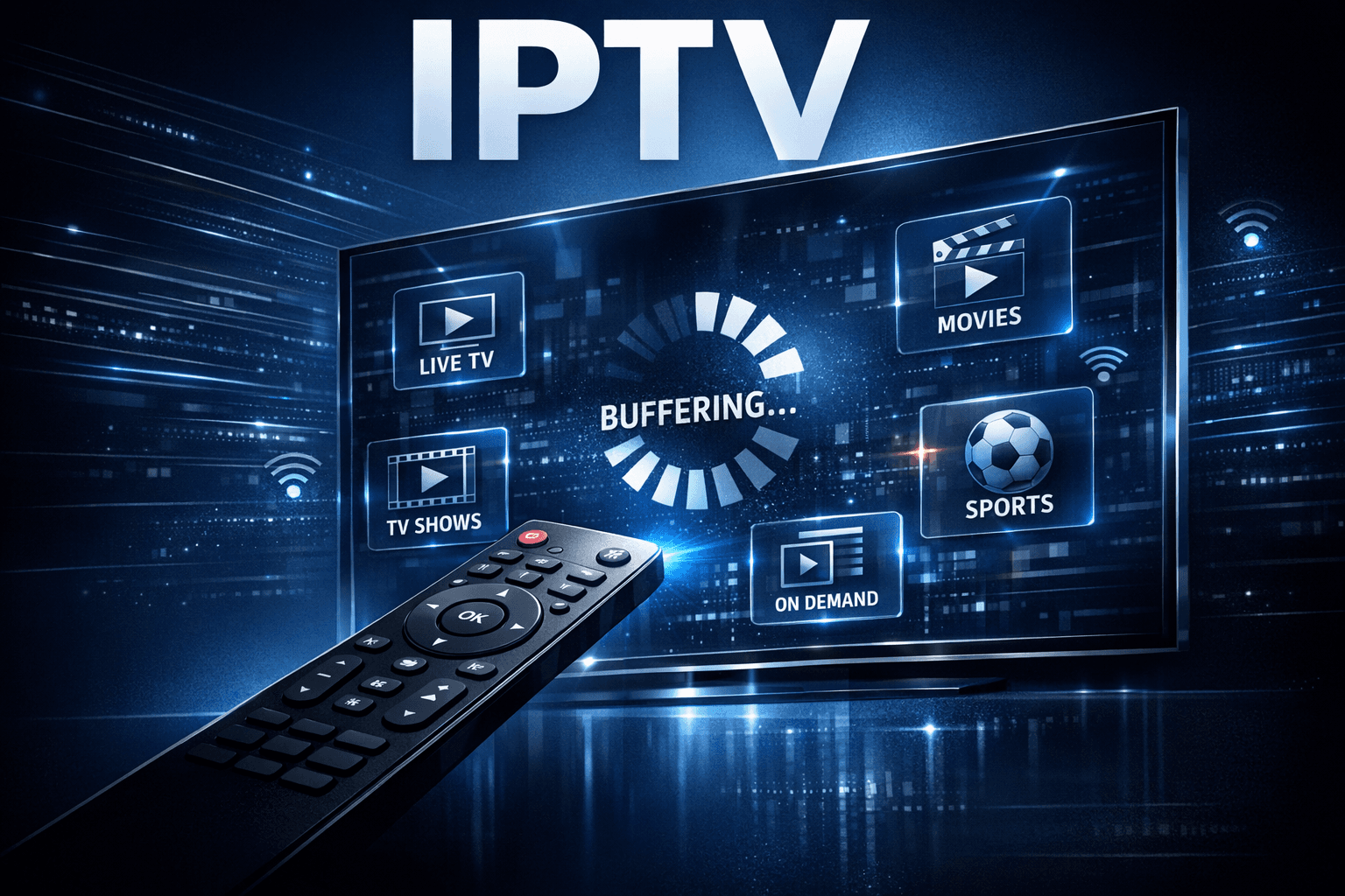 Illustration of IPTV streaming with a loading icon and remote control on dark blue background