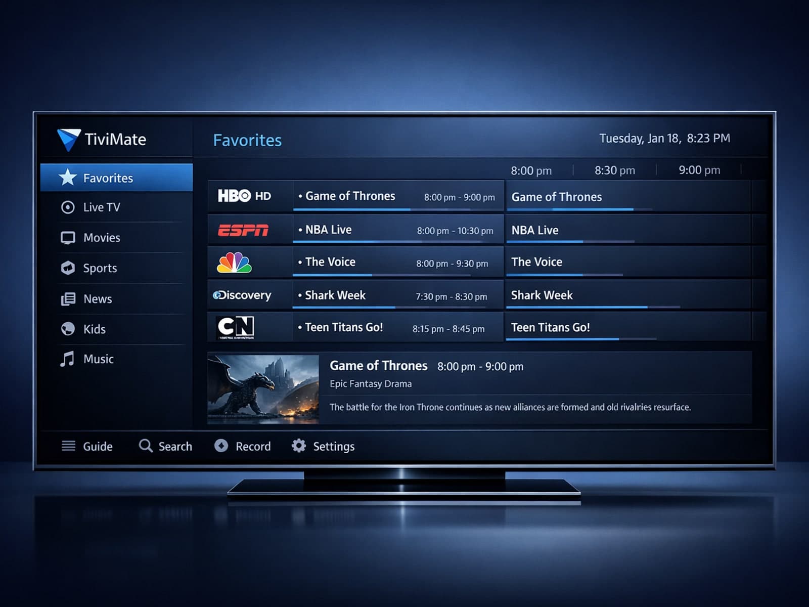 Screenshot of TiviMate app showing organized IPTV channel groups and favorites