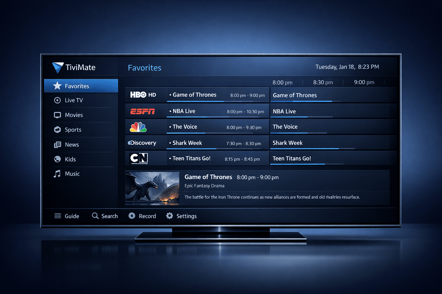 Screenshot of TiviMate app showing organized IPTV channel groups and favorites