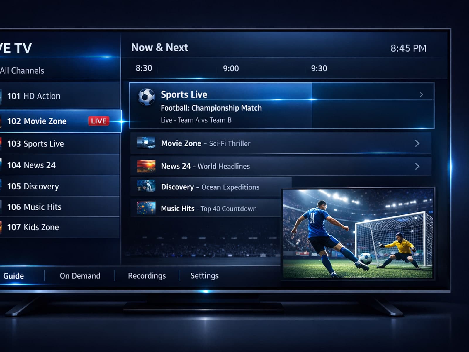 Modern IPTV interface showing dynamic playlists and user authentication themed in dark blue tones