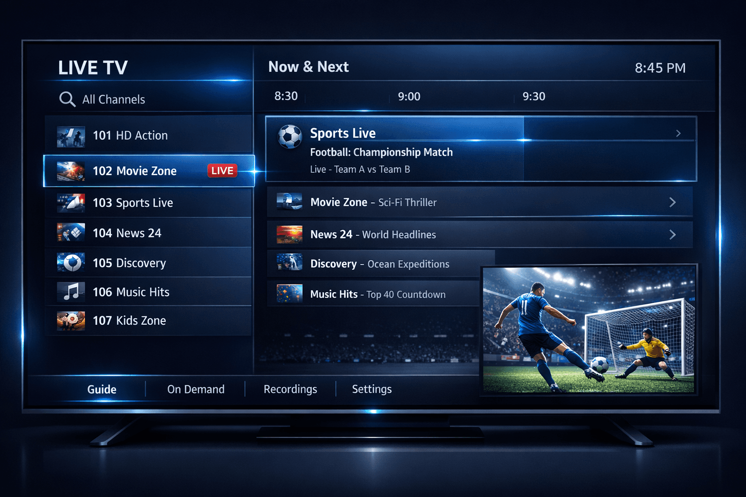 Modern IPTV interface showing dynamic playlists and user authentication themed in dark blue tones