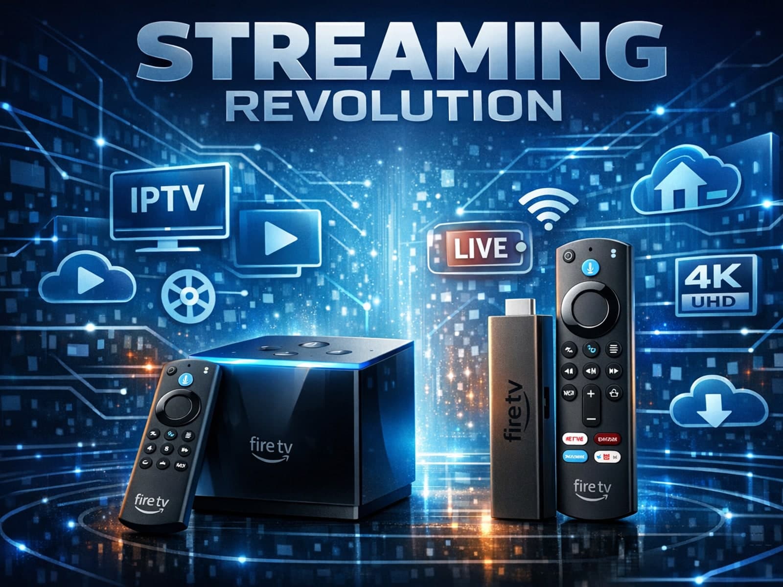 Fire TV Cube and Fire TV Stick 4K Max side by side with IPTV icons and dark blue tech background