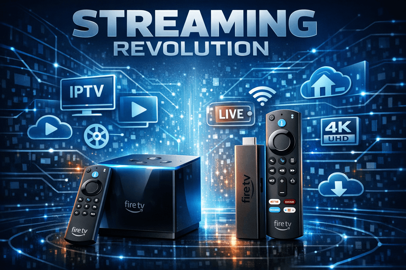 Fire TV Cube and Fire TV Stick 4K Max side by side with IPTV icons and dark blue tech background
