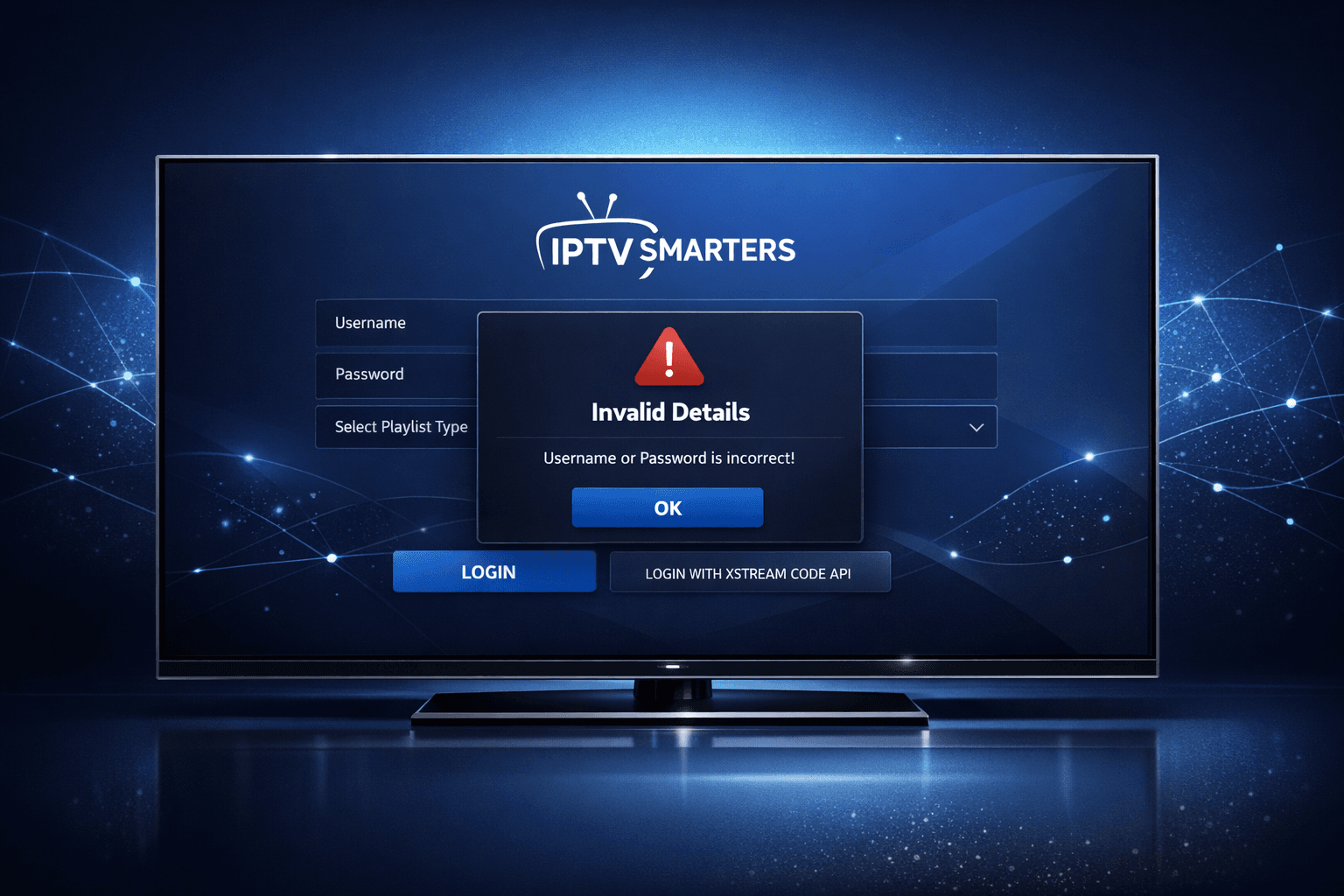 Digital interface displaying IPTV Smarters login error on dark blue themed screen