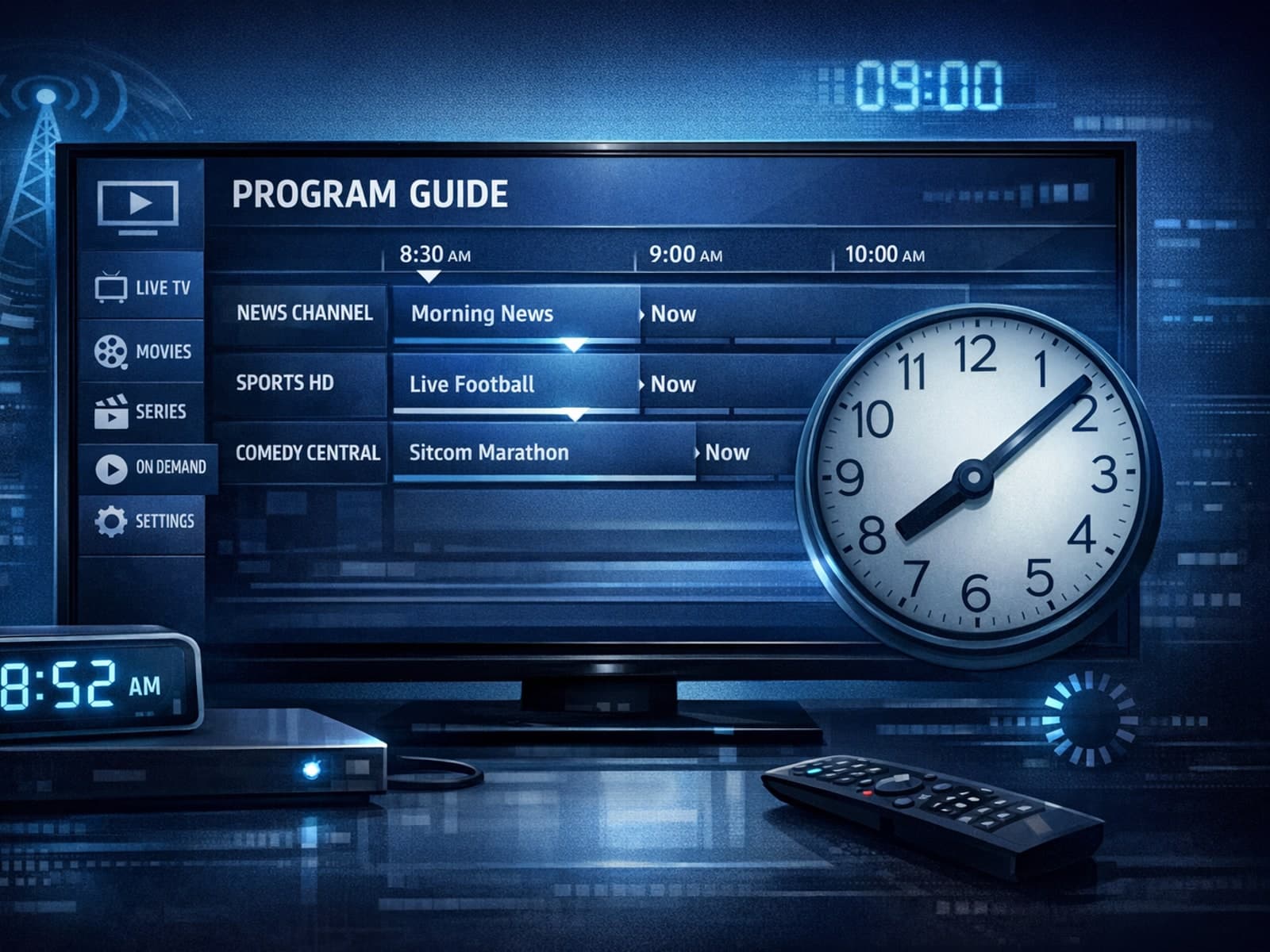Illustration of a TV screen with a mismatched program guide clock, symbolizing EPG time offset issues in an IPTV app