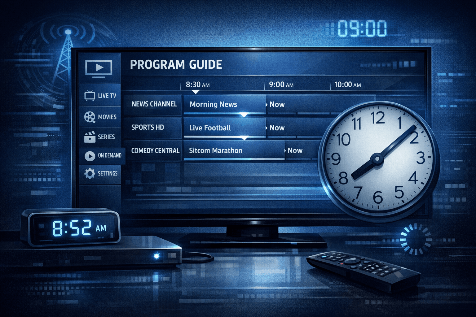 Illustration of a TV screen with a mismatched program guide clock, symbolizing EPG time offset issues in an IPTV app
