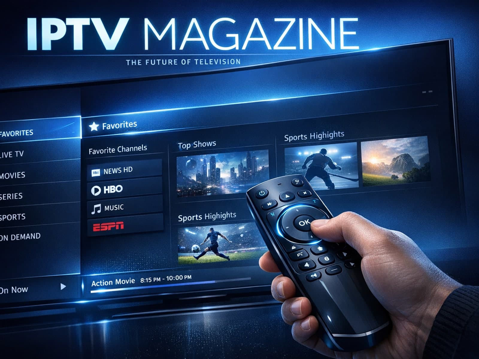 TiviMate app showing organized IPTV favorites and channel groups on a TV screen