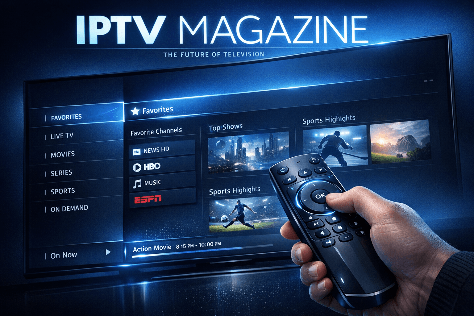 TiviMate app showing organized IPTV favorites and channel groups on a TV screen