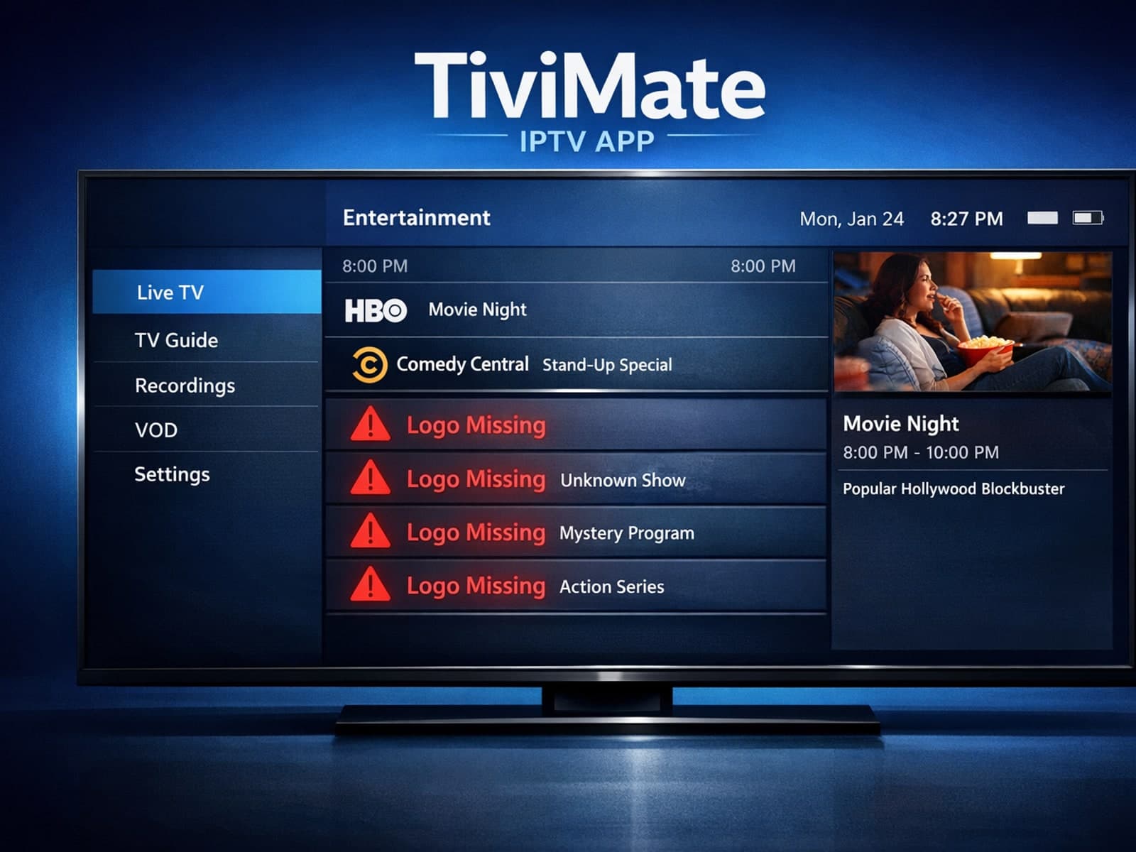 TiviMate IPTV app showing channel logos on Android TV
