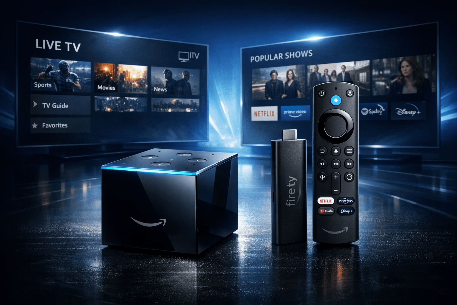 Comparison of Fire TV Cube and Fire TV Stick 4K Max devices with IPTV streaming graphics