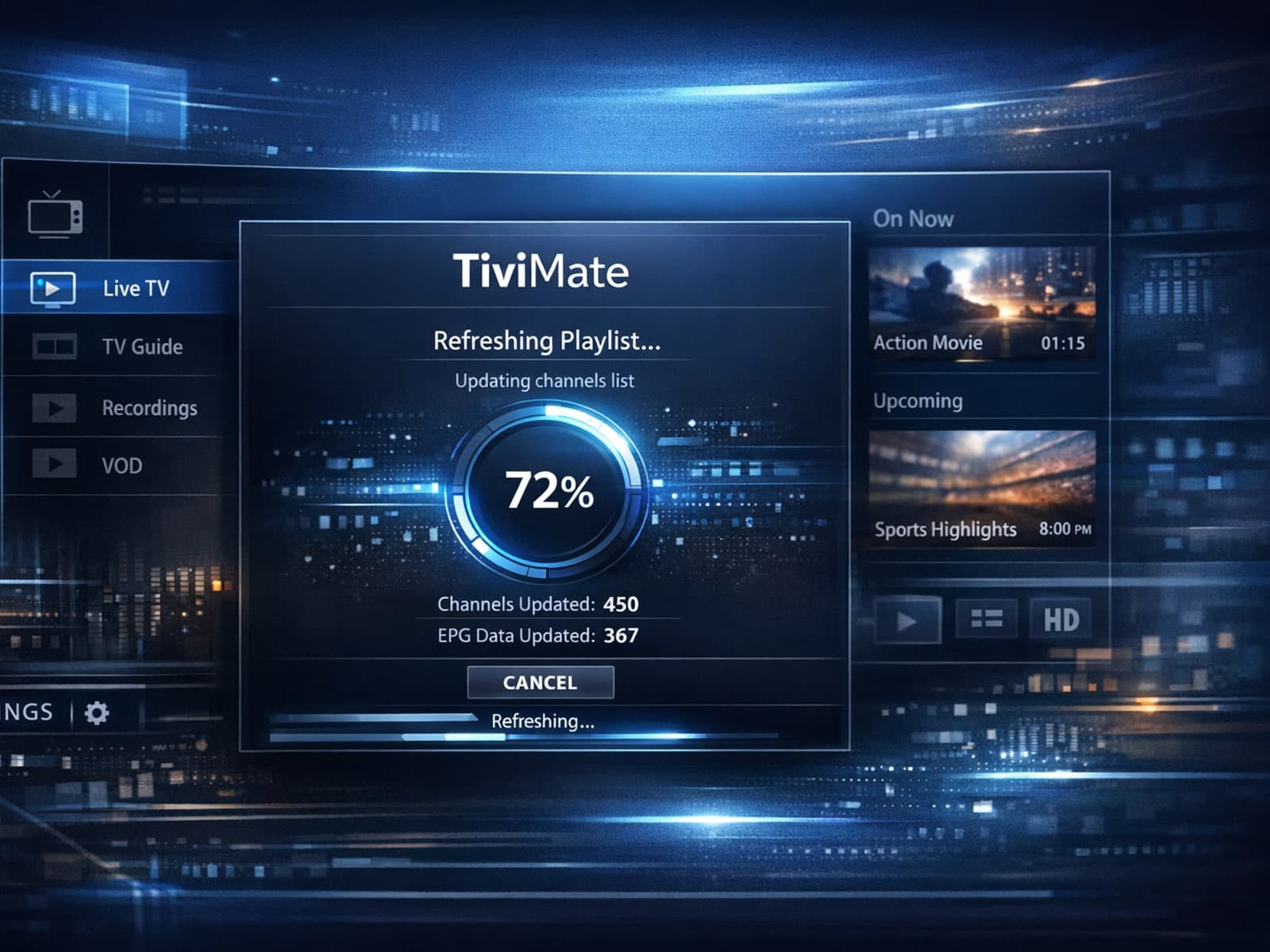 TiviMate app showing playlist refresh error on IPTV streaming device