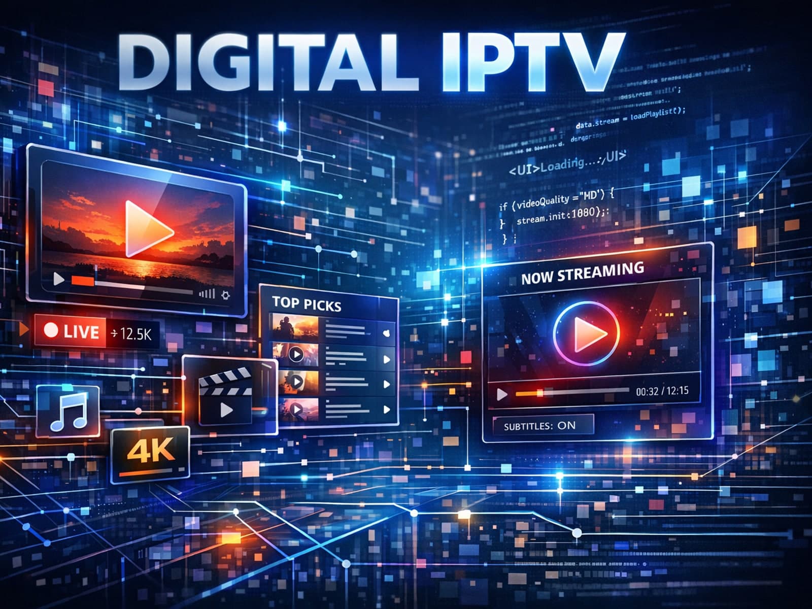 Digital graphic showing IPTV playlists and streaming icons over a dark blue background