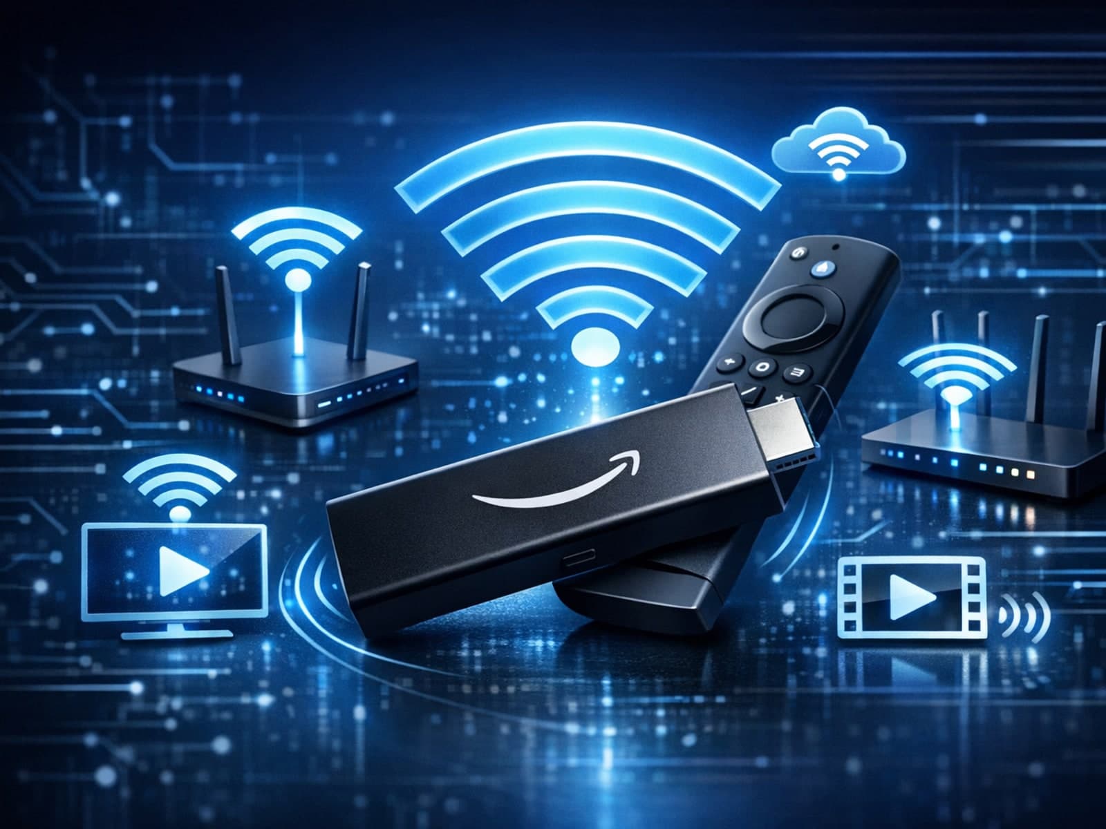 Illustration of Fire TV Stick streaming IPTV with WiFi signal settings icons on a dark blue background