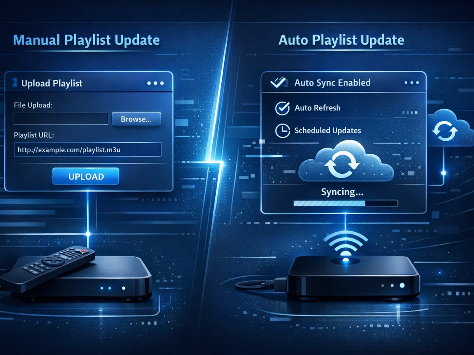 Abstract digital IPTV playlist update interface with contrasting blue tones