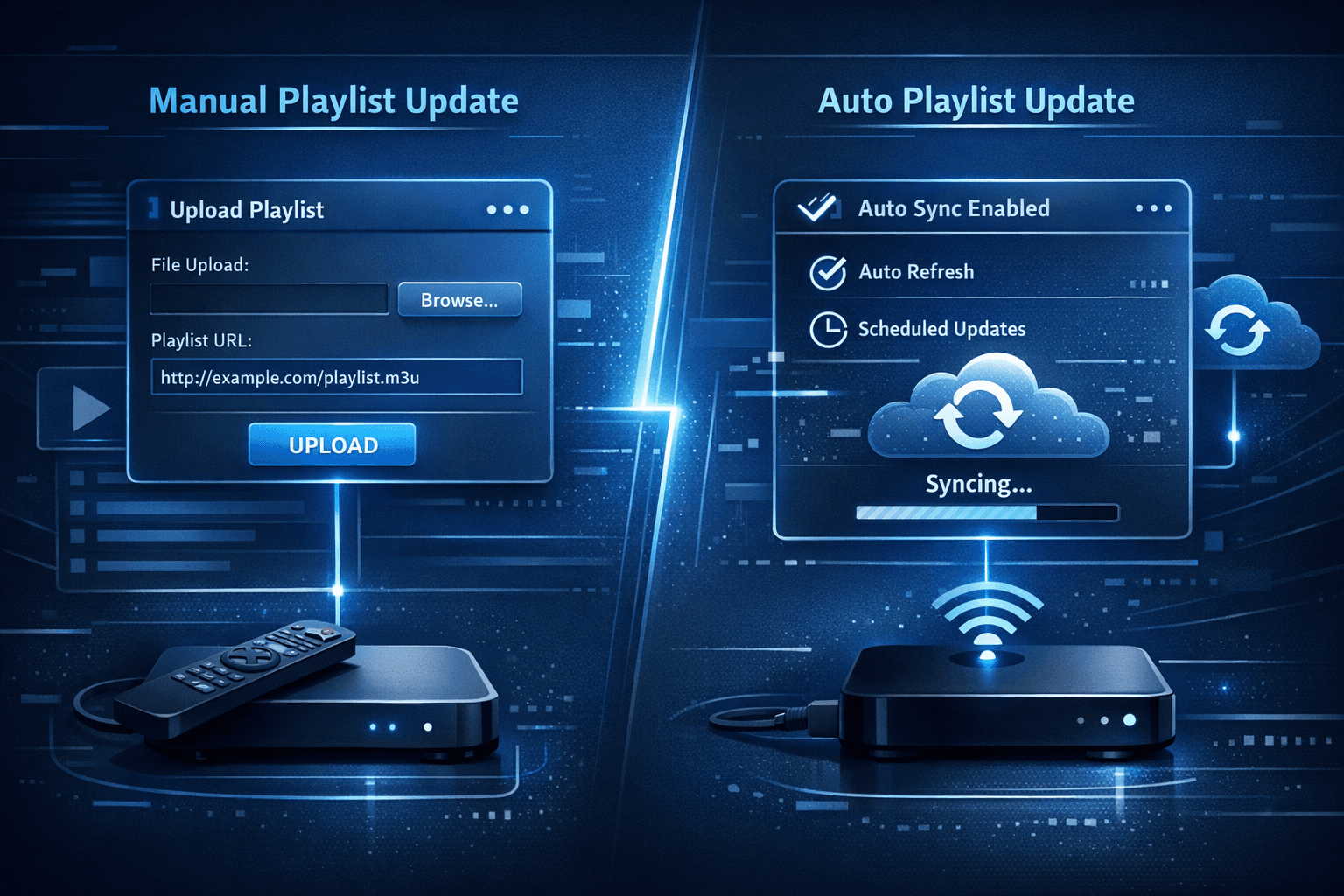 Abstract digital IPTV playlist update interface with contrasting blue tones
