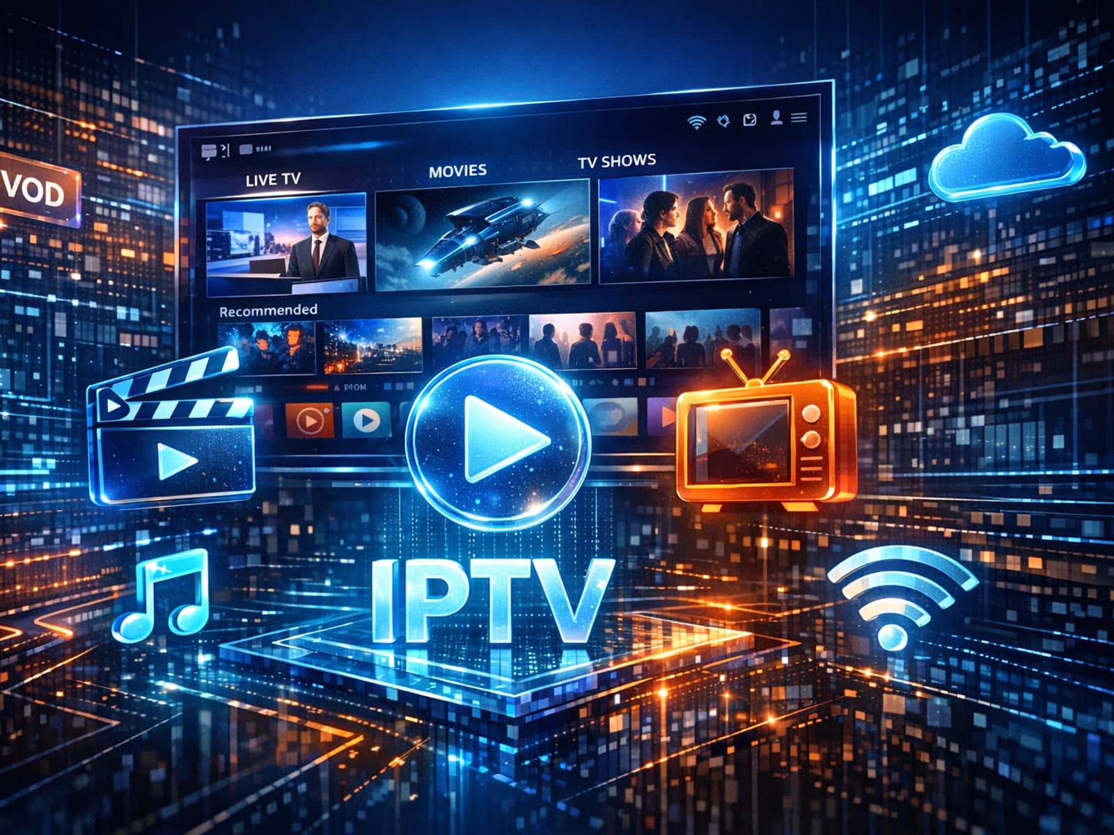Modern IPTV interface with streaming icons over a dark blue background
