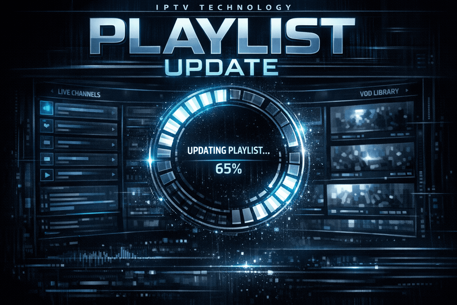 Illustration of a digital IPTV playlist update process with loading icon on dark blue background