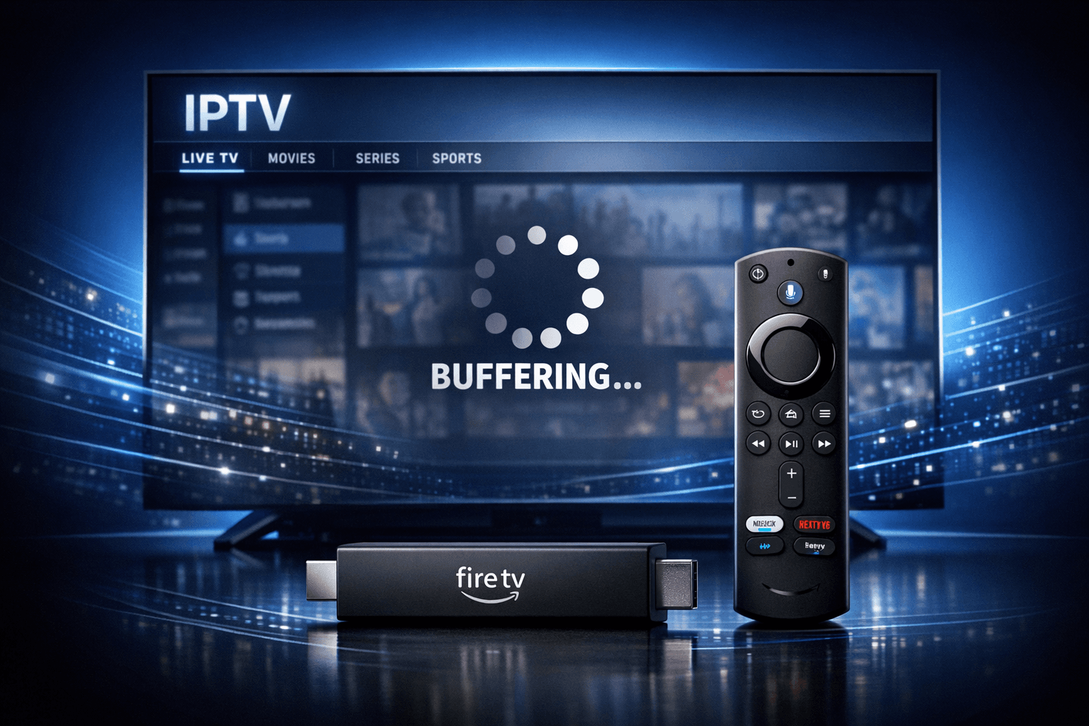Fire TV Stick with IPTV interface showing buffering issues on a dark blue background