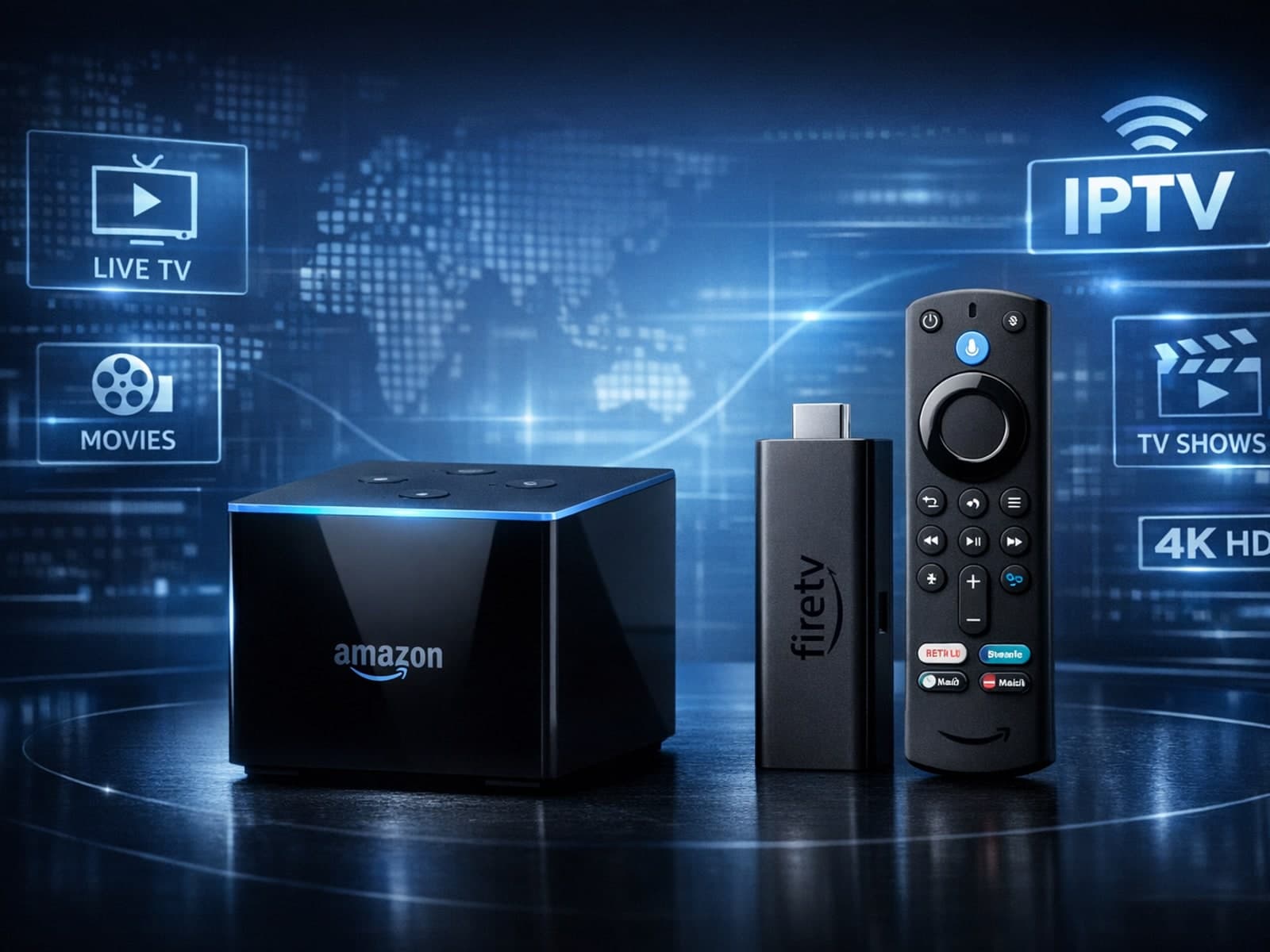Fire TV Cube and Fire TV Stick 4K Max side by side on dark blue IPTV-themed background