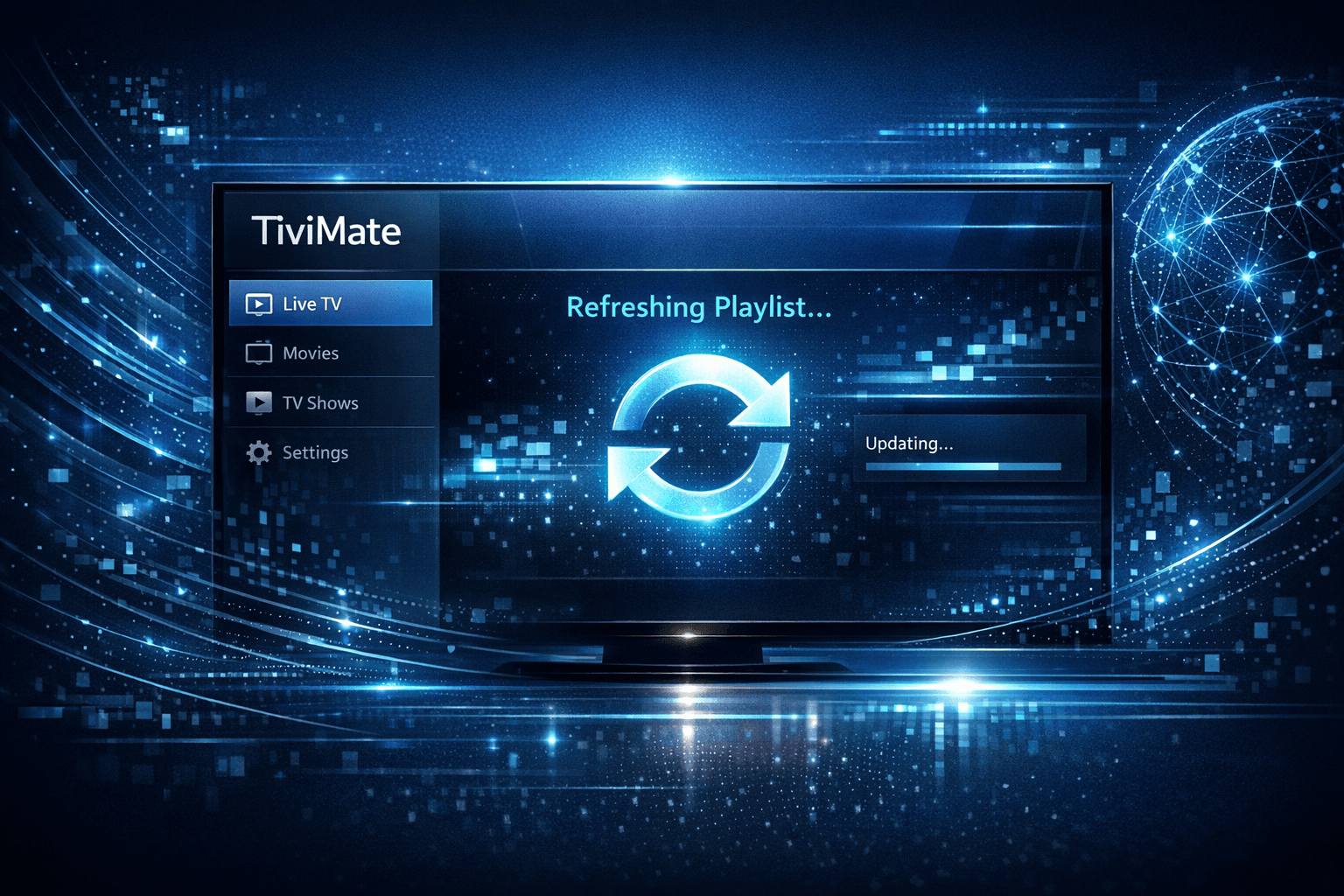 Dark blue themed IPTV interface with TiviMate app and playlist refresh icon