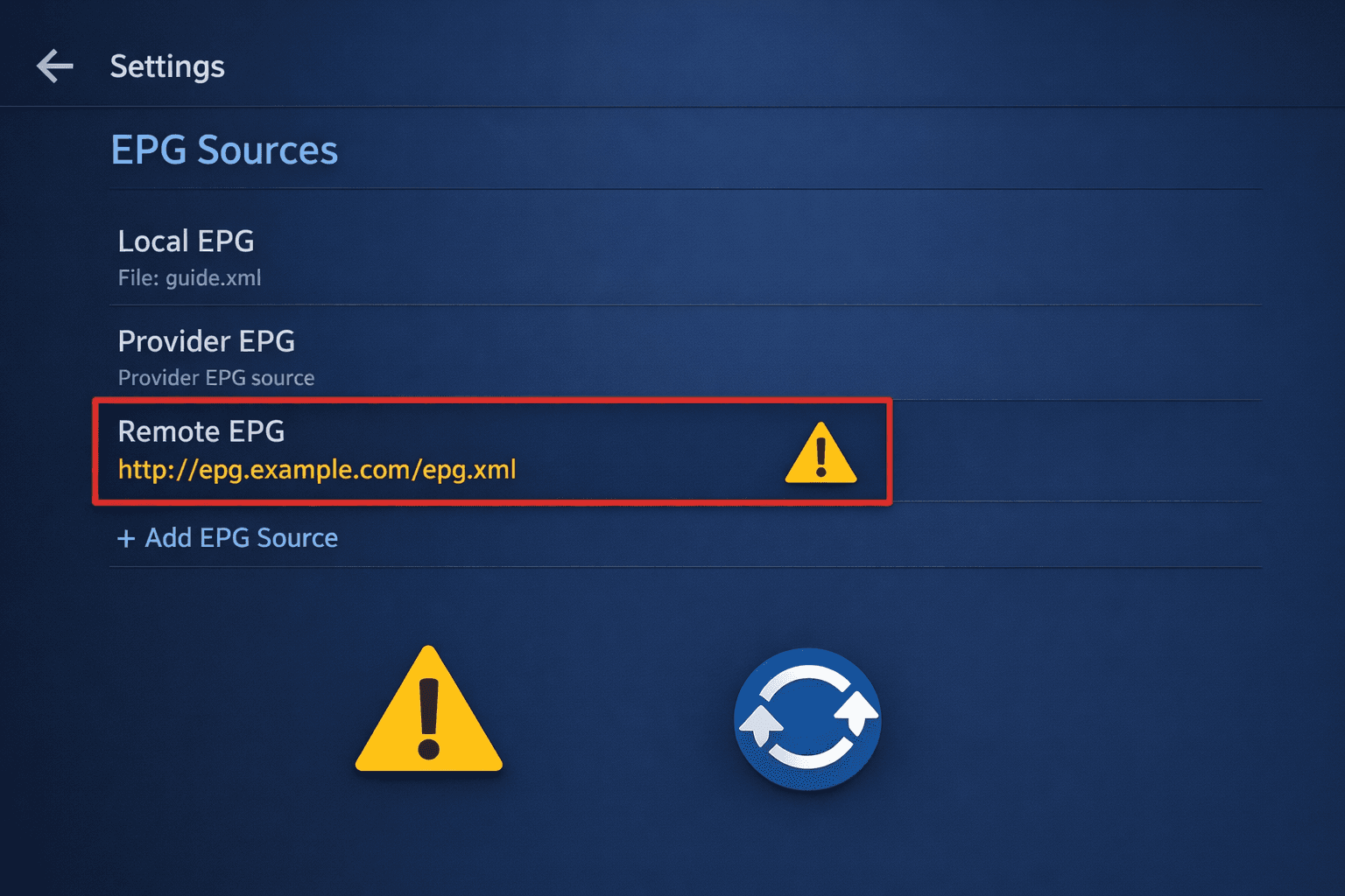 TiviMate app screen showing EPG source URL troubleshooting steps