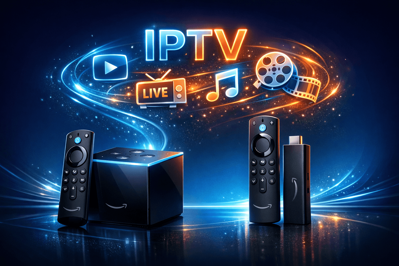 Fire TV Cube and Fire TV Stick 4K Max streaming IPTV on television screens