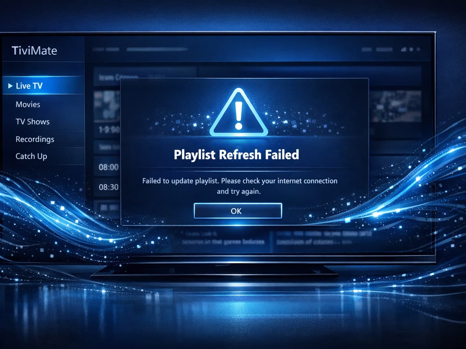 Illustration of a streaming playlist refresh error on TiviMate app interface with dark blue IPTV-themed background