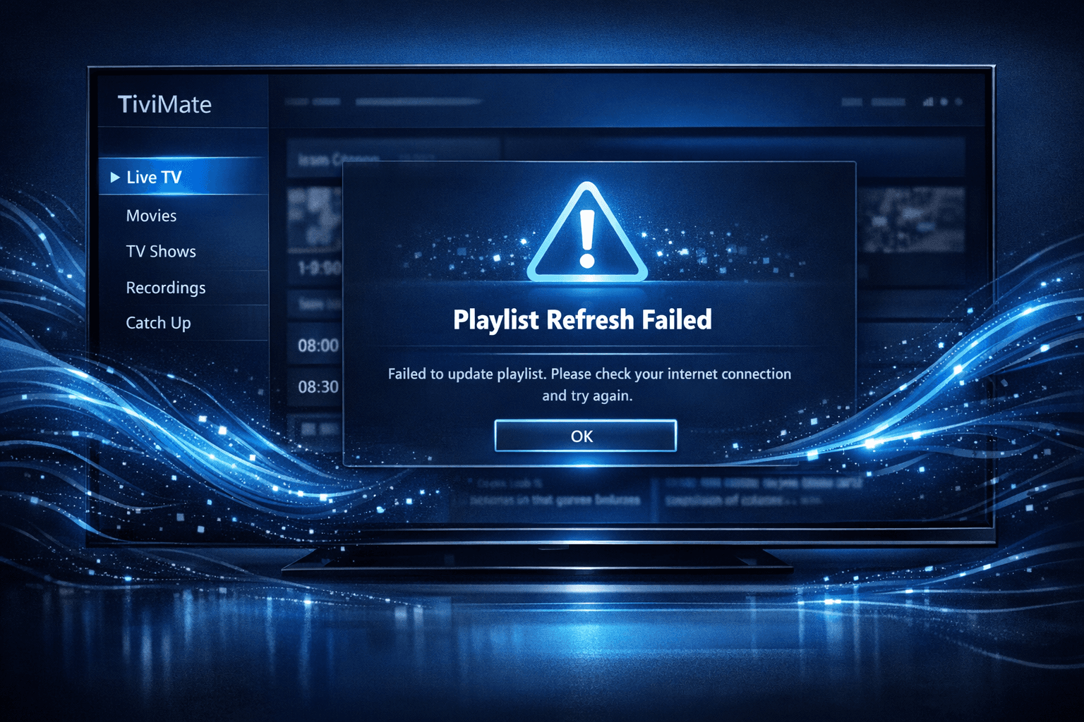 Illustration of a streaming playlist refresh error on TiviMate app interface with dark blue IPTV-themed background