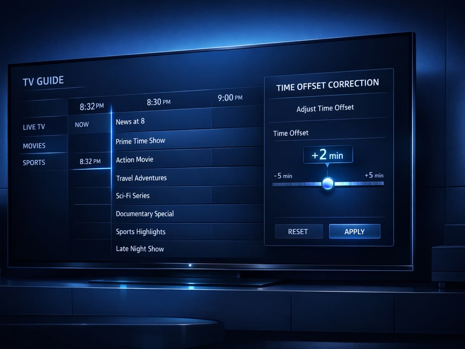 Illustration of a digital TV guide with correct time alignment on a dark blue IPTV interface