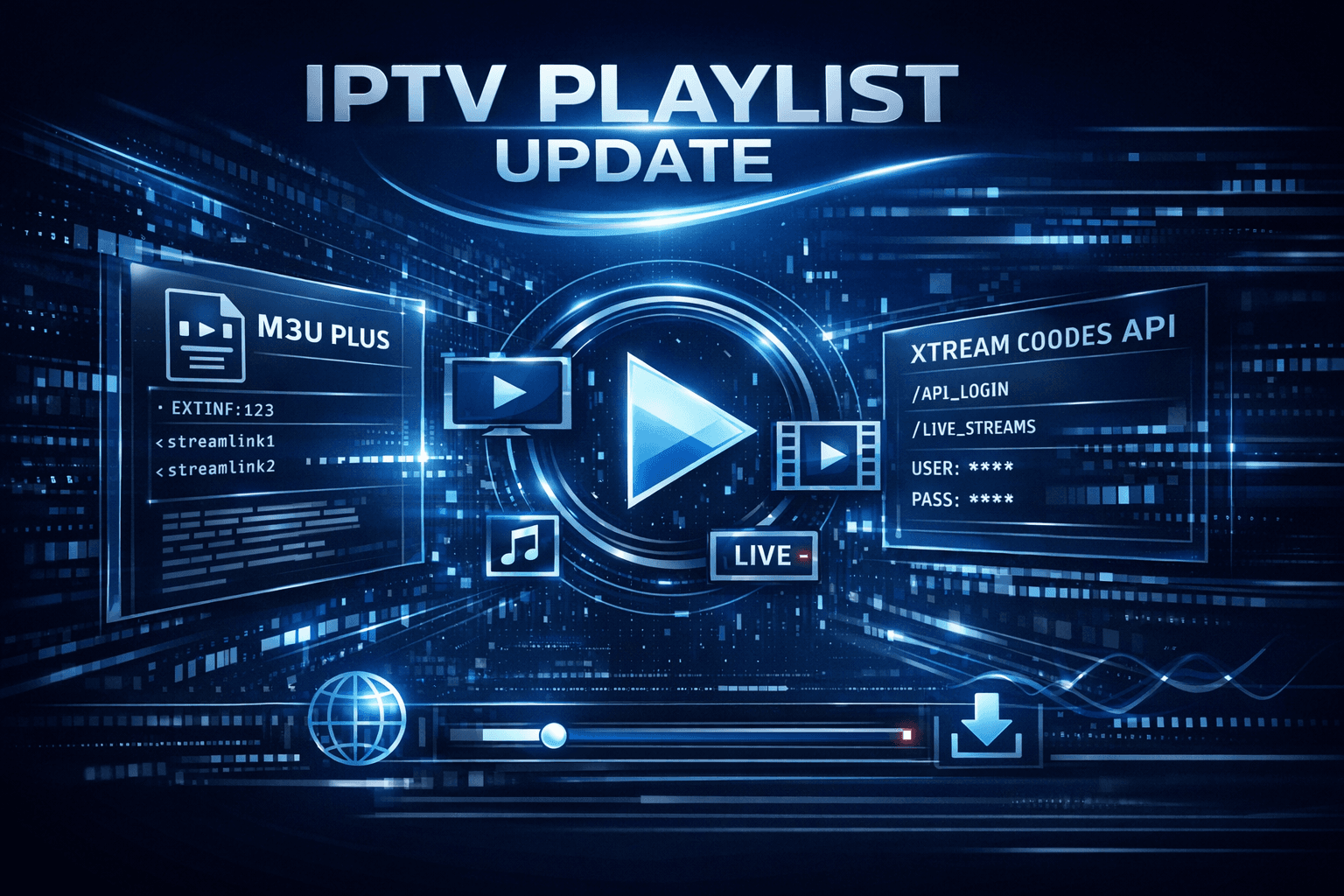 Comparison illustration of M3U Plus versus Xtream Codes API for IPTV playlist updates