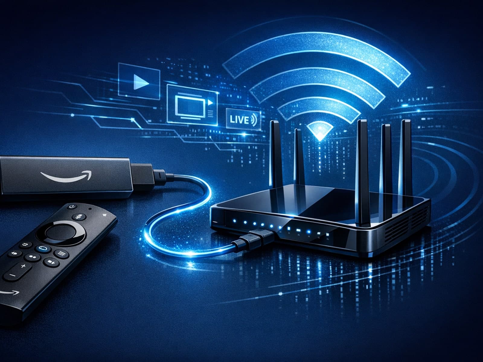 Fire TV Stick connected to optimized Wi-Fi router for IPTV streaming on dark blue background