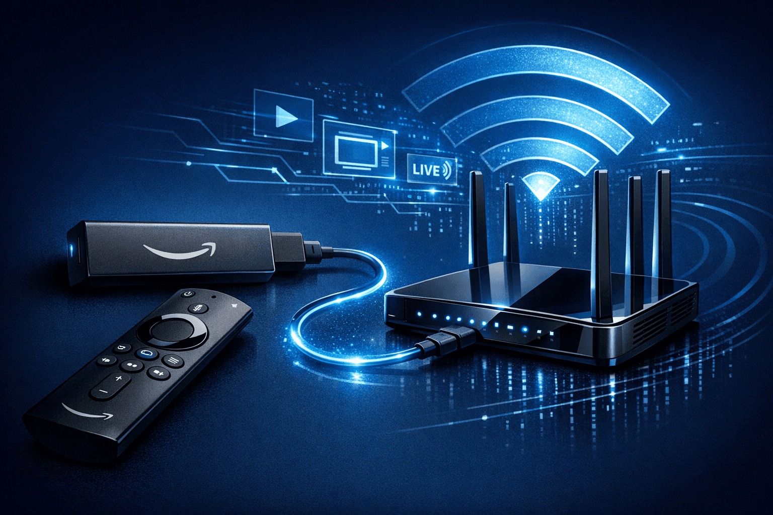 Fire TV Stick connected to optimized Wi-Fi router for IPTV streaming on dark blue background