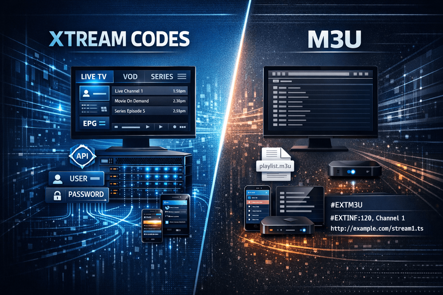 Comparison chart showing differences between Xtream Codes API and M3U IPTV playlists