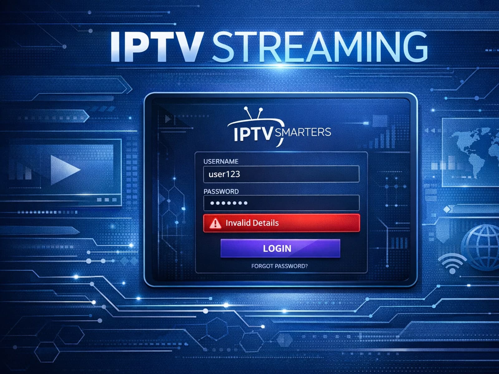 Illustration of IPTV Smarters app login error on dark blue background with digital interface elements