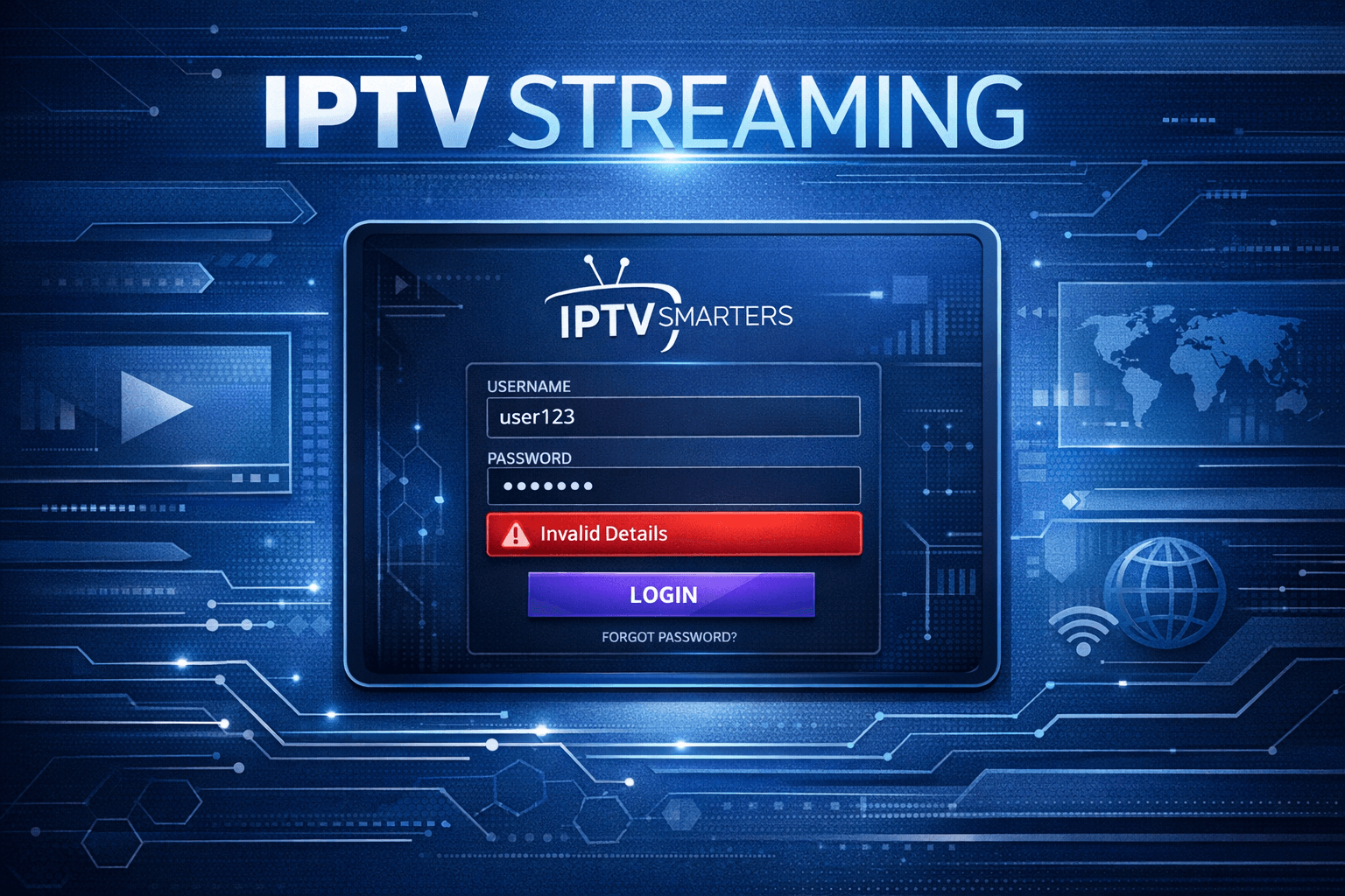 Illustration of IPTV Smarters app login error on dark blue background with digital interface elements