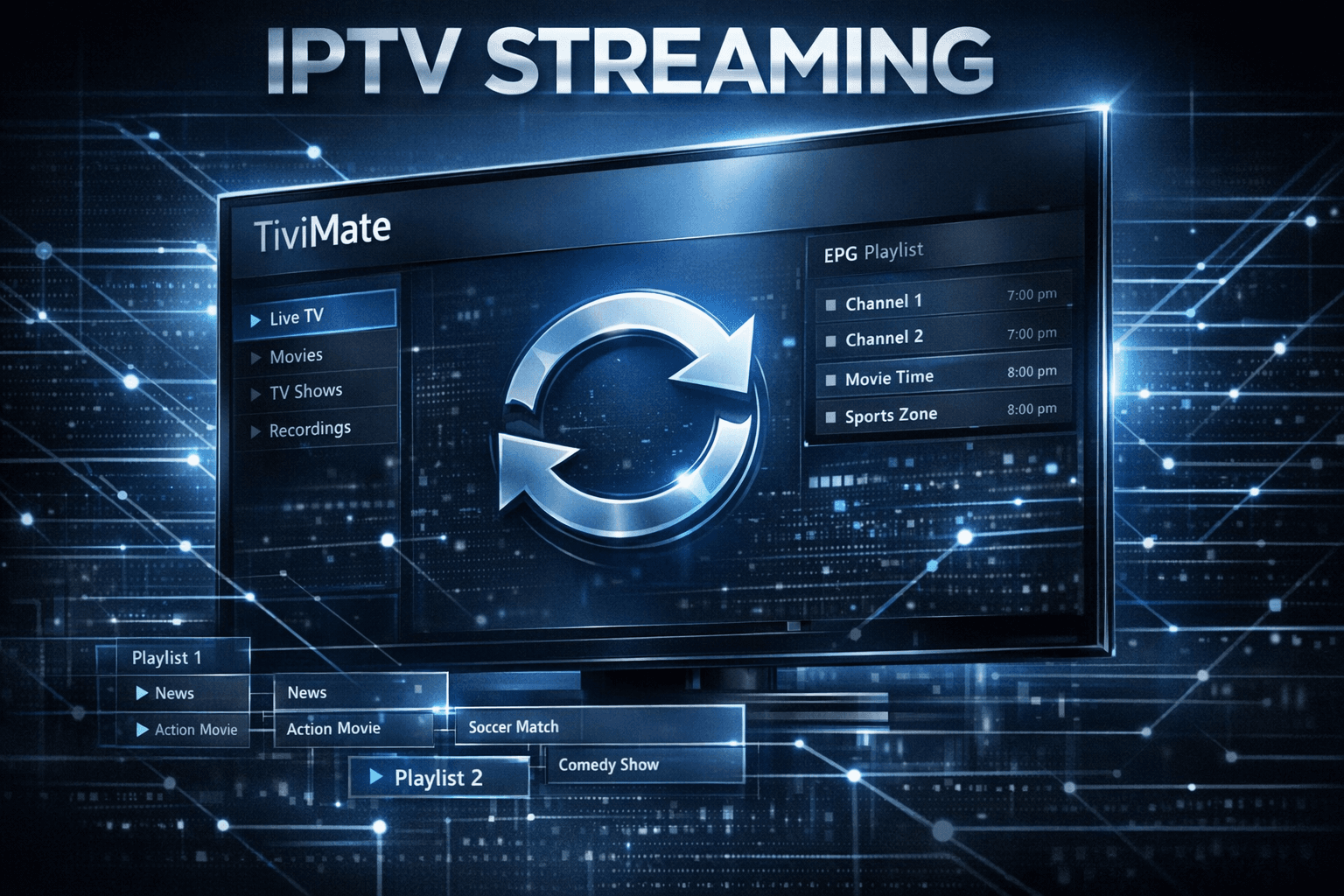 TiviMate IPTV app showing playlist refresh on a smart TV screen
