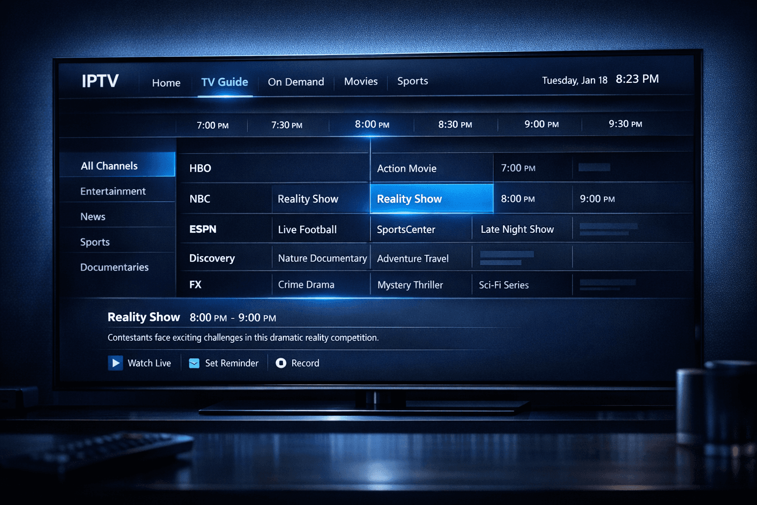 Illustration of digital TV timeline with correct EPG time alignment on a dark blue IPTV interface