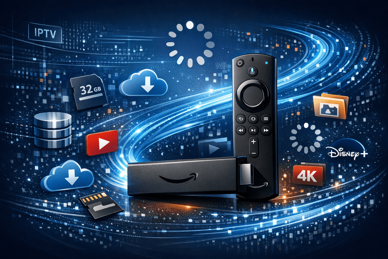 Illustration of a Fire TV Stick device with storage icons and buffering symbols on a dark blue IPTV-themed background