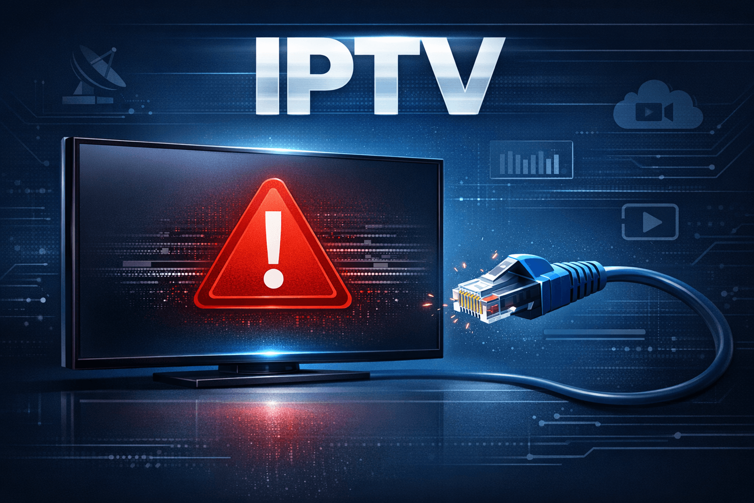 Illustration of a digital TV screen with an error icon overlay beside a disconnected network cable on a dark blue background
