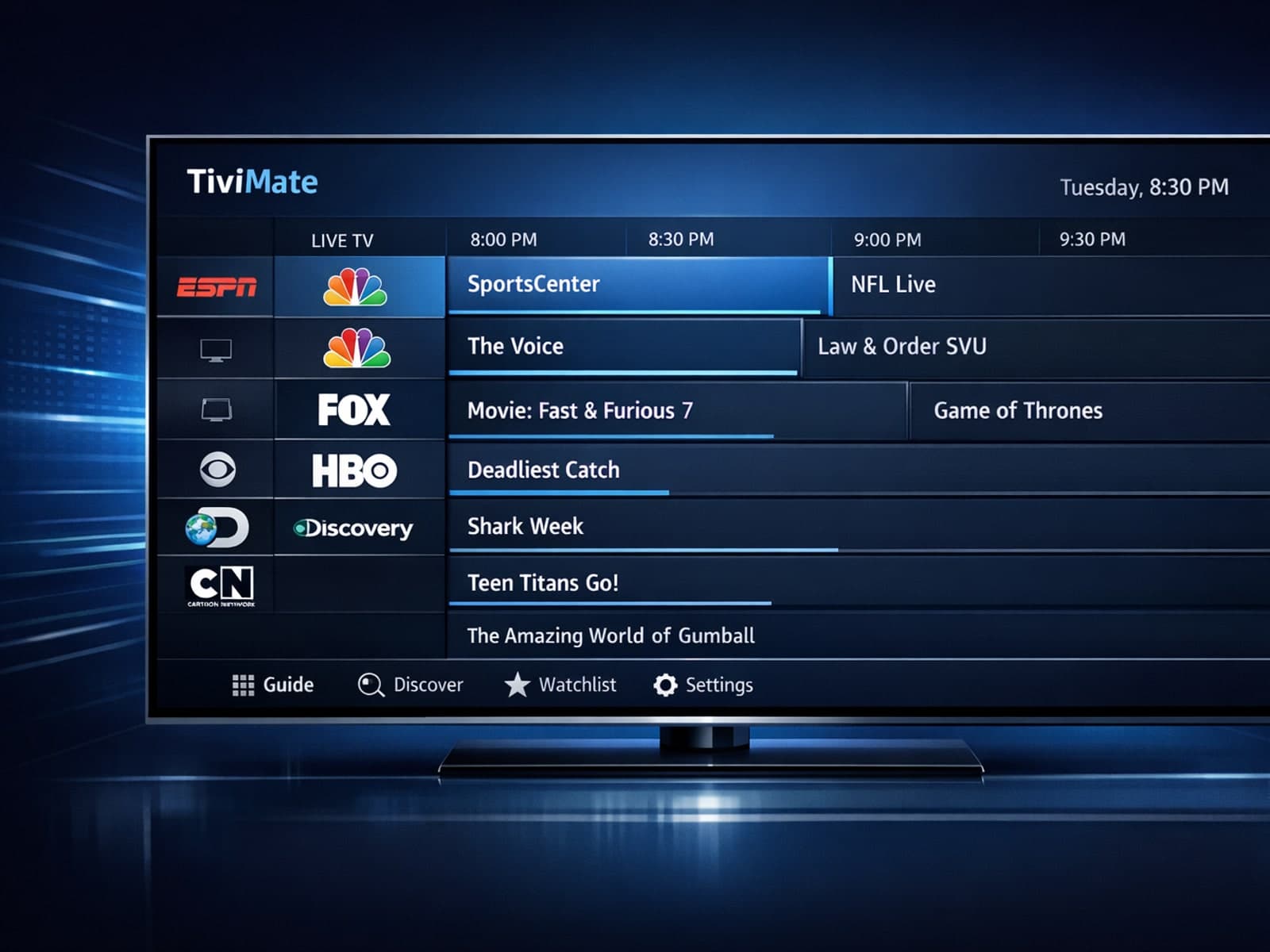 TiviMate app interface showing channel logos missing