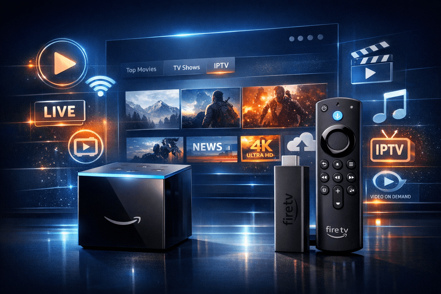 Fire TV Cube and Fire TV Stick 4K Max devices side by side for IPTV streaming comparison