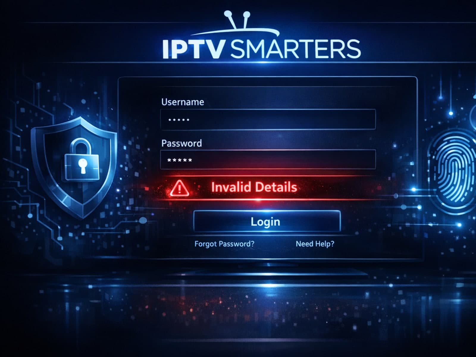 IPTV Smarters app login error screen showing Invalid Details message
