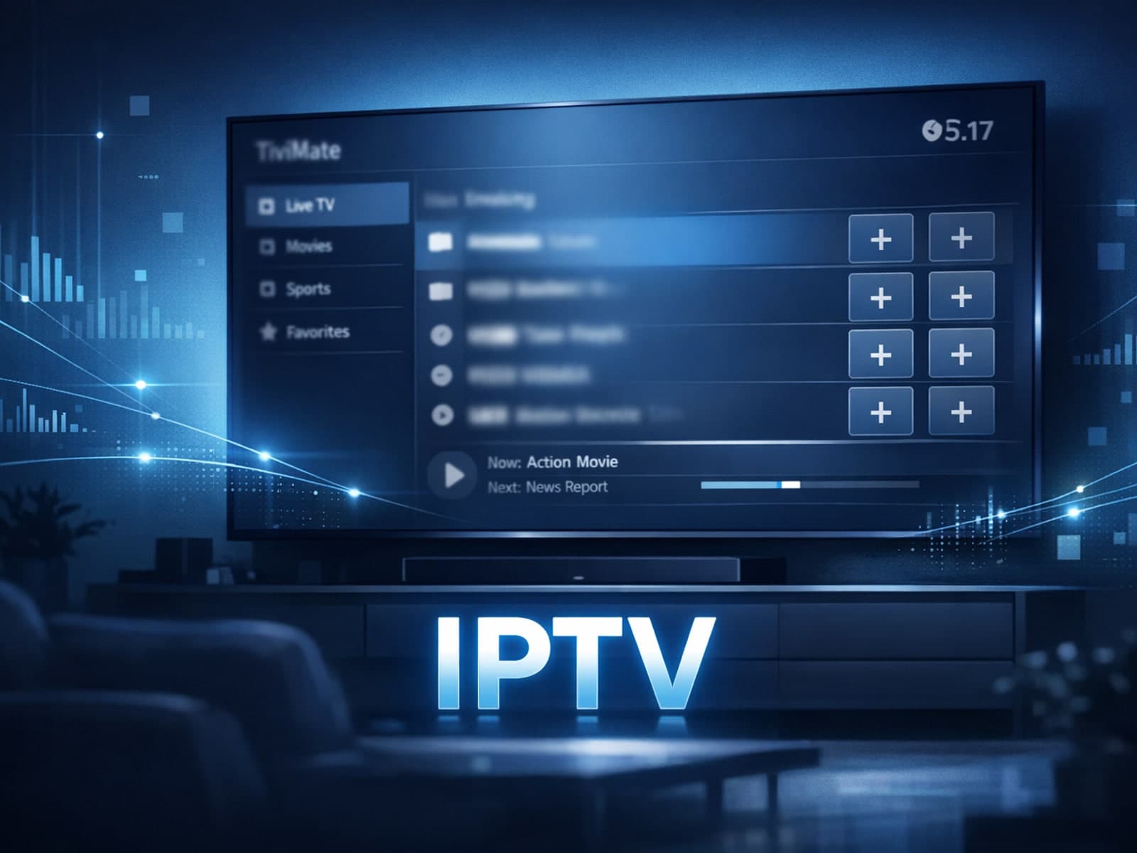 Illustration of missing IPTV channel logos on a dark blue TiviMate interface screen