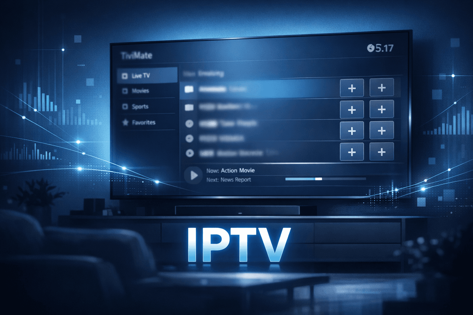 Illustration of missing IPTV channel logos on a dark blue TiviMate interface screen