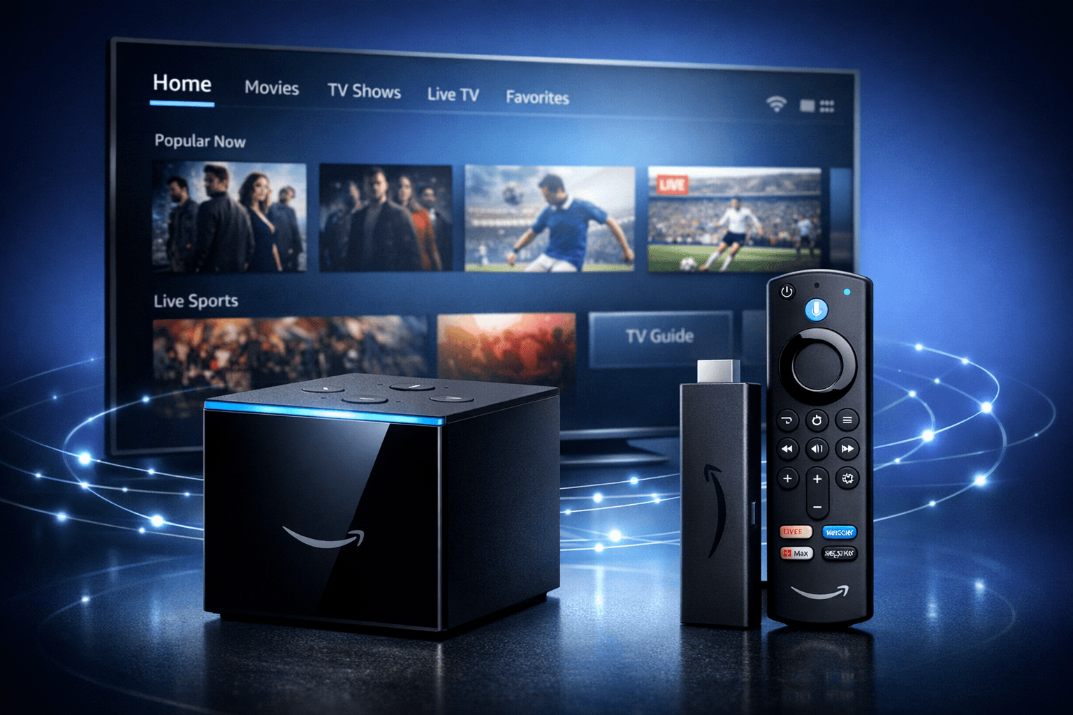 Fire TV Cube and Fire TV Stick 4K Max side by side with IPTV streaming icons on TV screen in background