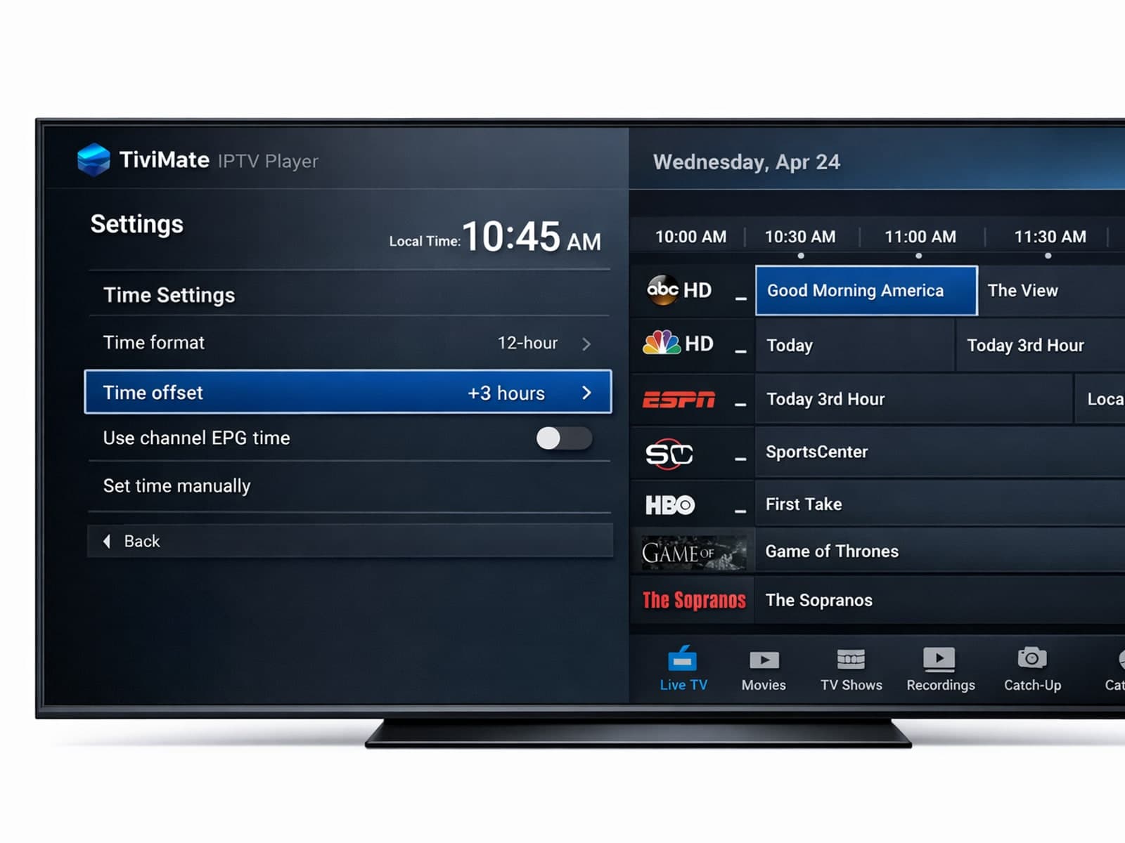 TiviMate IPTV player showing correct EPG timings on screen
