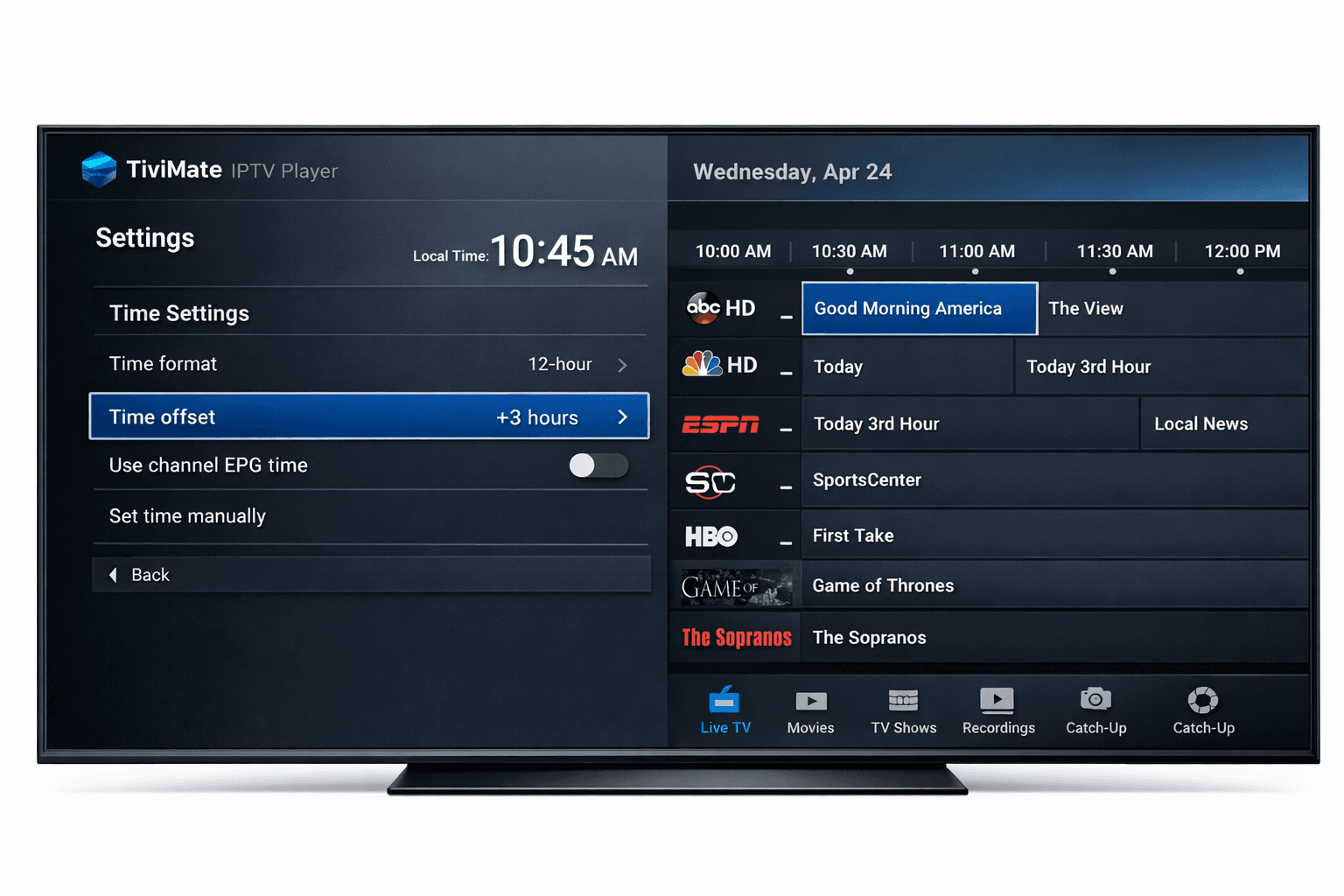 TiviMate IPTV player showing correct EPG timings on screen