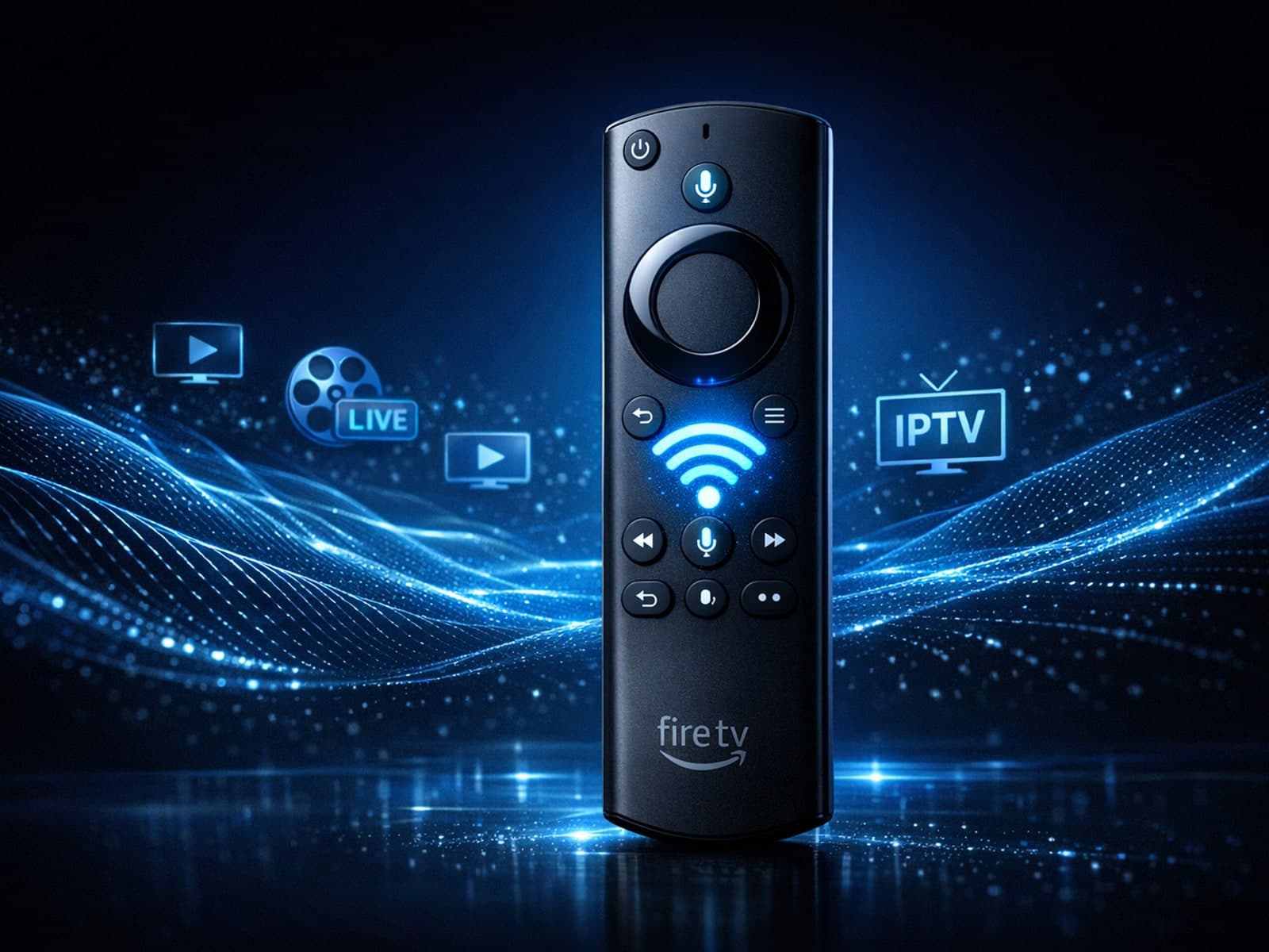 Fire TV Stick remote with WiFi signal icon on dark blue IPTV background